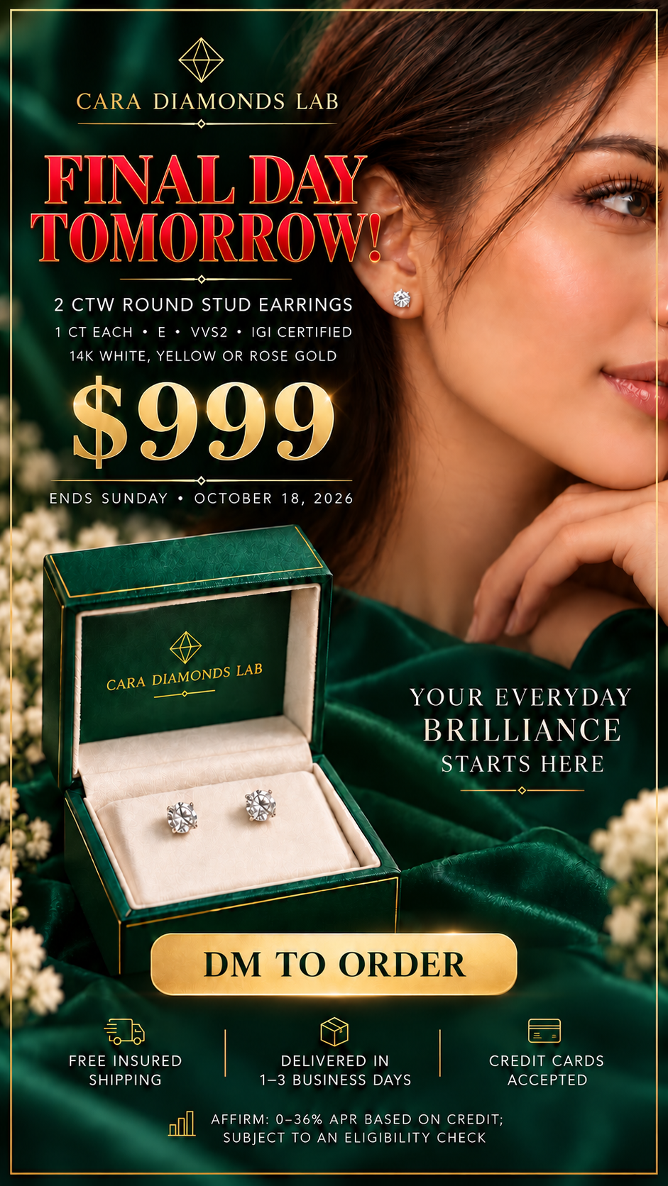 2ctw LAB STUD EARRINGS IN 14K GOLD - Image 1